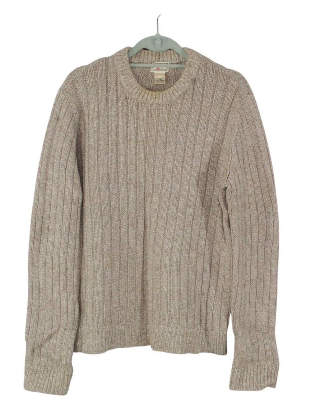 LL Bean Men's Wool Sweater Beige Ribbed Knit Crewneck Chunky Layering Casual L